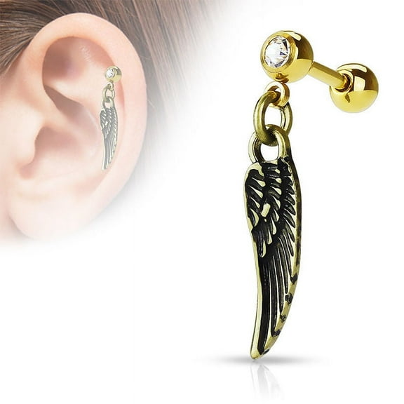 Angel Wing Dangling 16ga Cartilage Barbell with CZ Gem