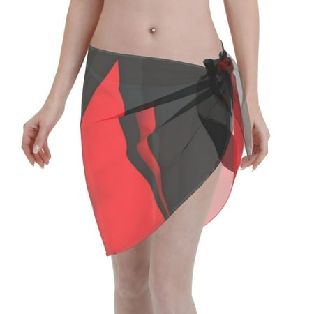 Womens Red Black Abstract Coverups Beach Short Sarong Sheer Chiffon Cover Up Bikini Wraps