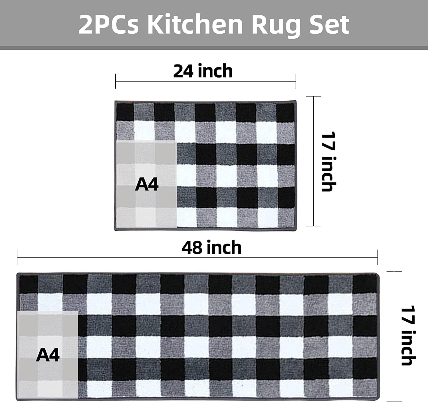 2 Pieces Buffalo Plaid Check Rug Set Water Absorb Microfiber Non-Slip Kitchen Rug Bathroom Mat Checkered Doormat Carpet for Laundry 17"x48"+17"x24", Black and White
