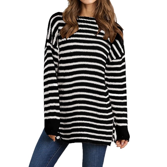 Baqcunre Womens Sweaters Women's Autumn And Winter Casual Loose Fitting Long Sleeved Round Neck Mid Length Hem With Split Stripe Patchwork Sweater Hoodies For Women Womens Fall Tops Black L