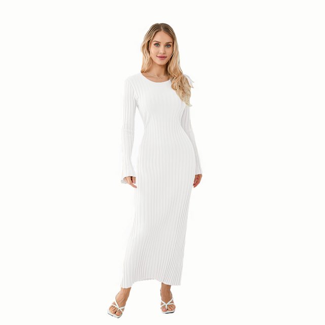 Vestido de punto con cordones para mujer, ropa de calle elegante, manga larga, cuello redondo, acanalado, Color sólido, primavera y otoño