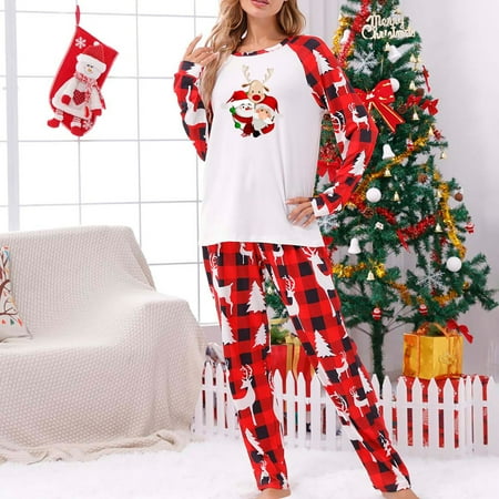 

Matching Christmas Family Pajamas Sets Xmas Elk Reindeer Print Pjs Plaid Long Sleeve Tops and Pants Holiday Sleepwear