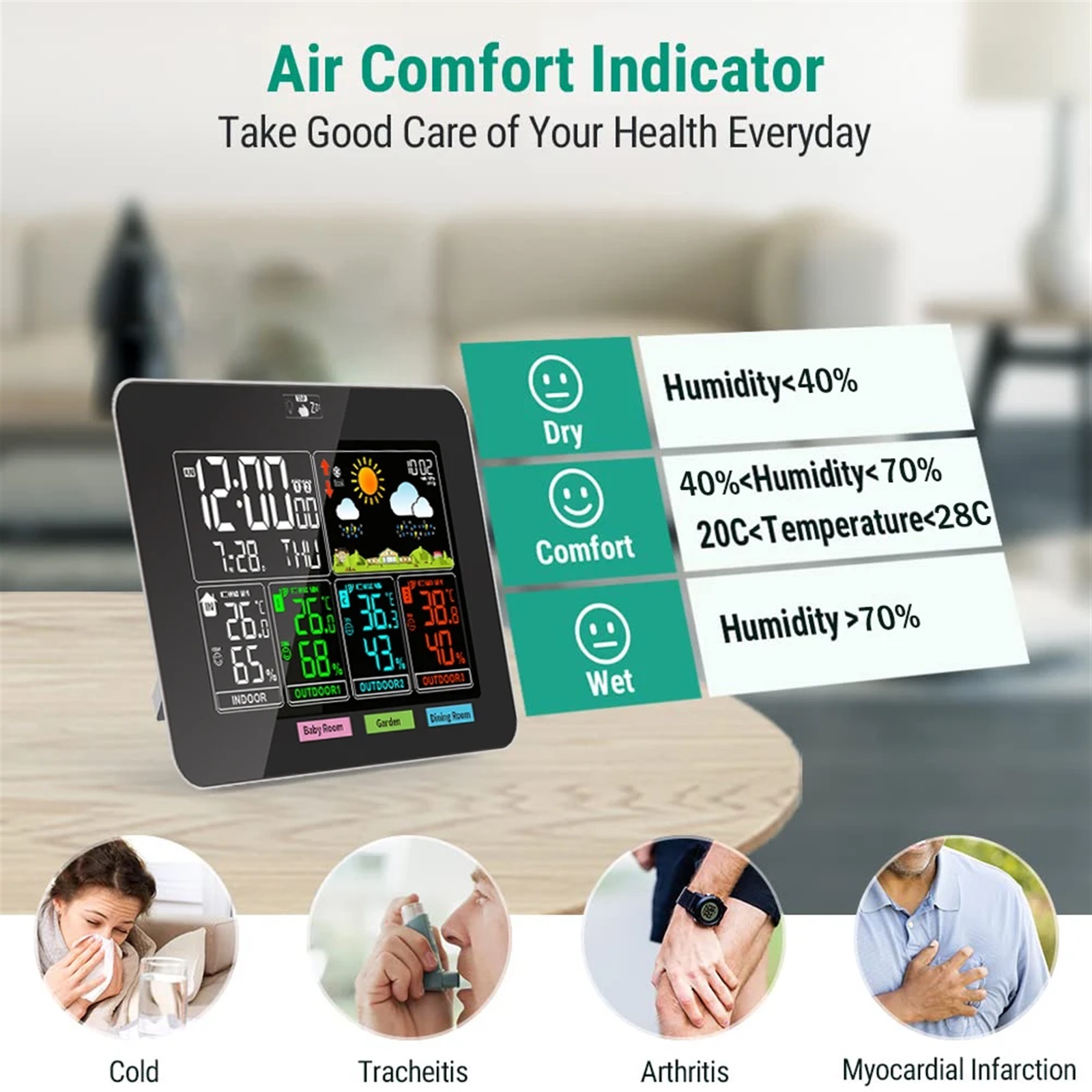 Weather Stations Wireless Indoor Outdoor Temperature Humidity VA Color Display Weather Forecast Barometric Pressure Alarm Clocks ,High Precision