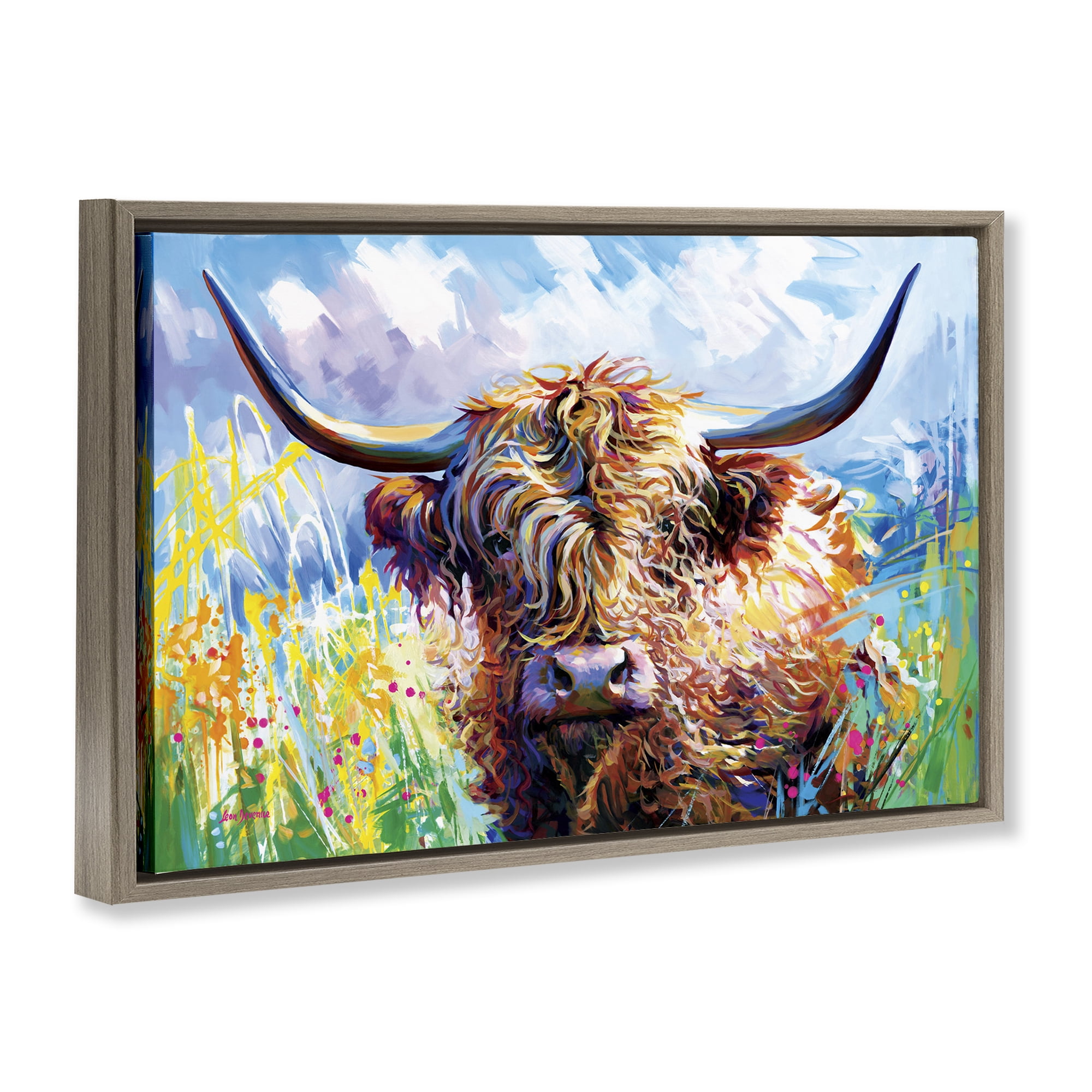 Stupell Industries Long Haired Highland Cattle Animals & Insects Painting Brown Floater Framed Canvas Art Print Wall Art, 31 x 21