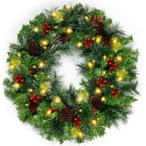 22 Inch Artificial Christmas Wreath, with LED Lights, Red Berries, Pinecone, Pine Needles, Holiday Door Wreath for Indoor Outdoor Windows Wall Xmas Decoration