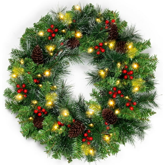 22 Inch Artificial Christmas Wreath, with LED Lights, Red Berries, Pinecone, Pine Needles, Holiday Door Wreath for Indoor Outdoor Windows Wall Xmas Decoration