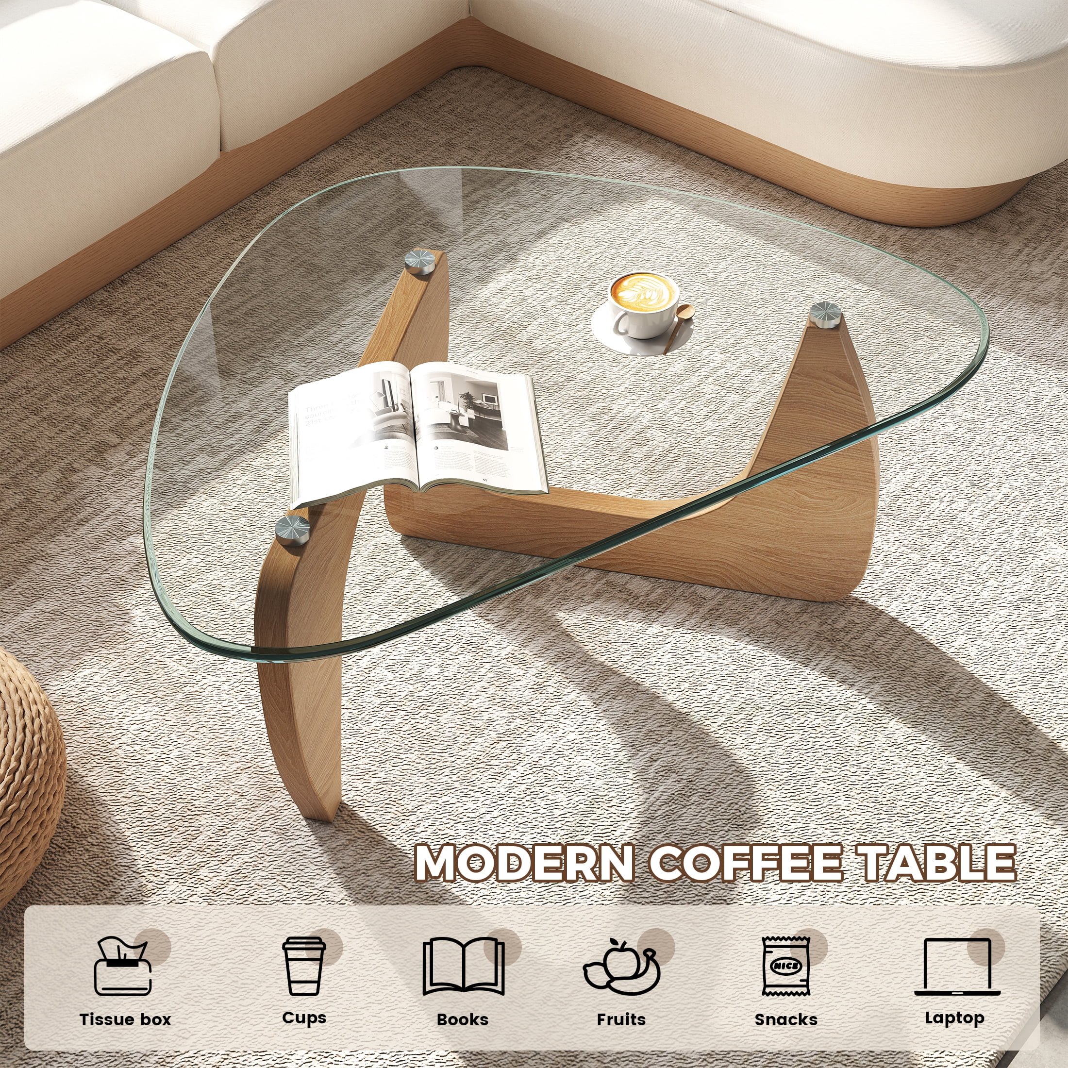 Daluvenix Modern Glass Coffee Table Triangle Coffee Table for Living Room with Glass Top and Wood Base