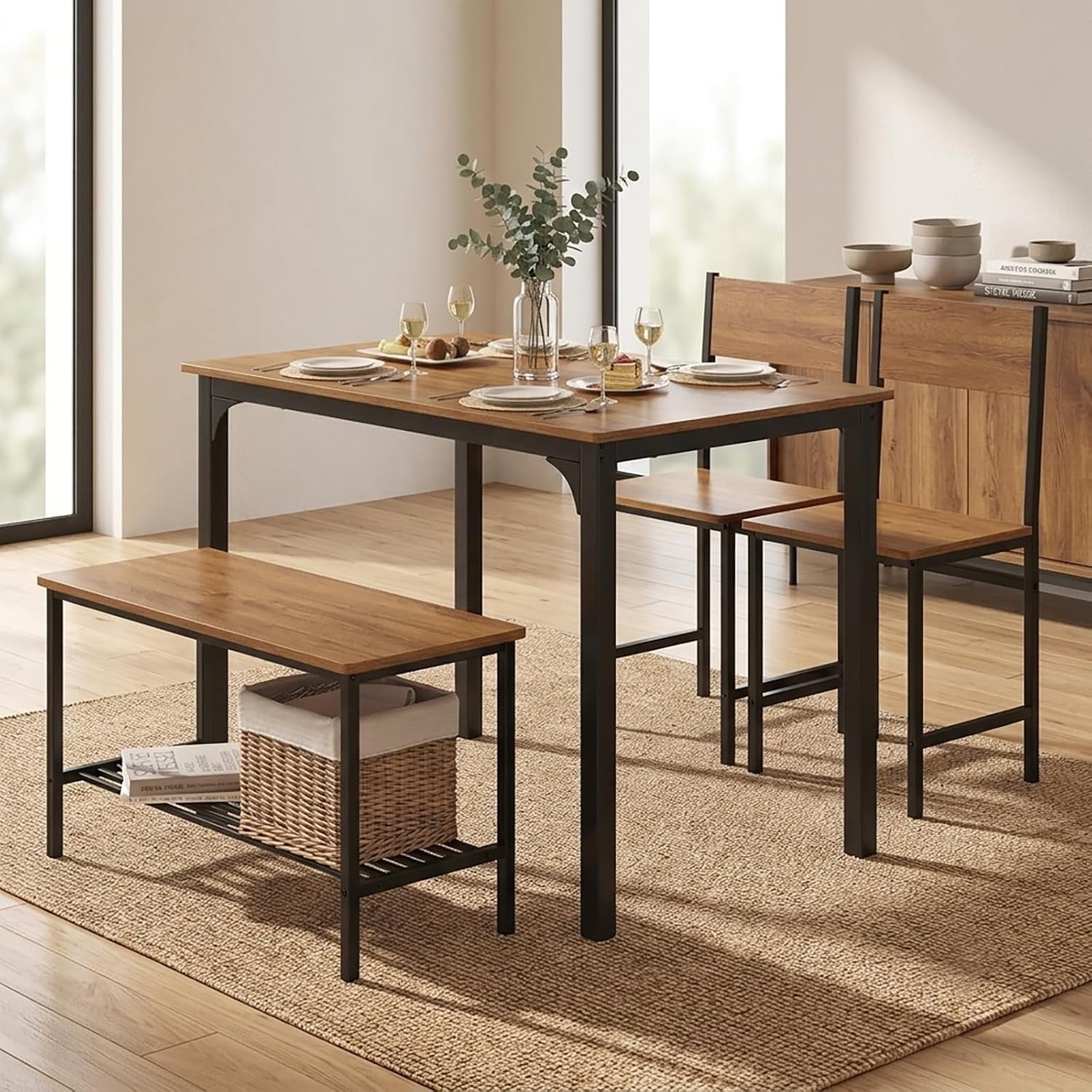 Industrial Dining Table Set for 4: Wood Table & Black Metal Chairs Space-Saving Kitchen Set with Storage Bench