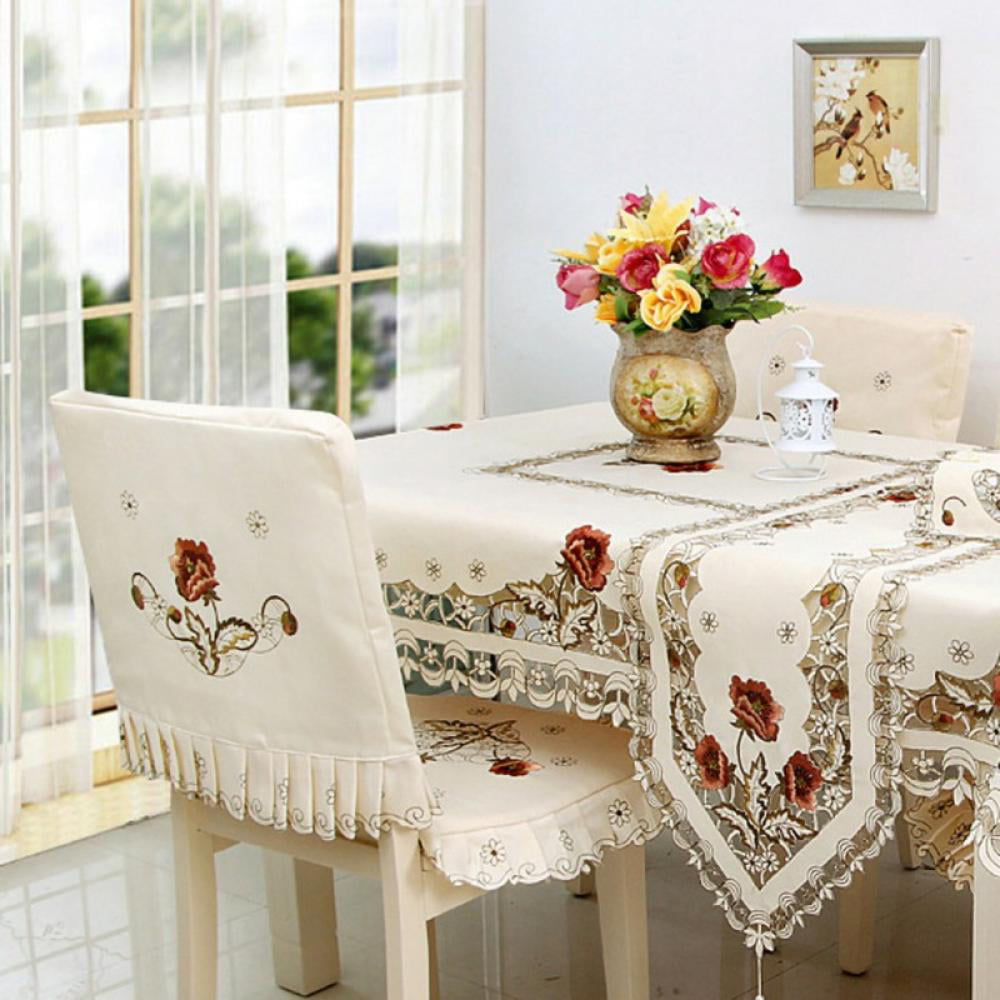 Pretty Pink Rose Flower Embroidery Cutwork Ivory Table Cloth 85cm 