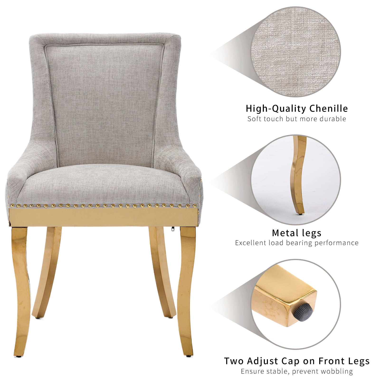 Dining Chairs Set of 8, Kitchen & Dining Room Chairs, Chenille Fabric Upholstered Dinning Chairs, Sillas De Comedor, Nailhead Trim, Metal Legs (Beige, 8 Pcs)