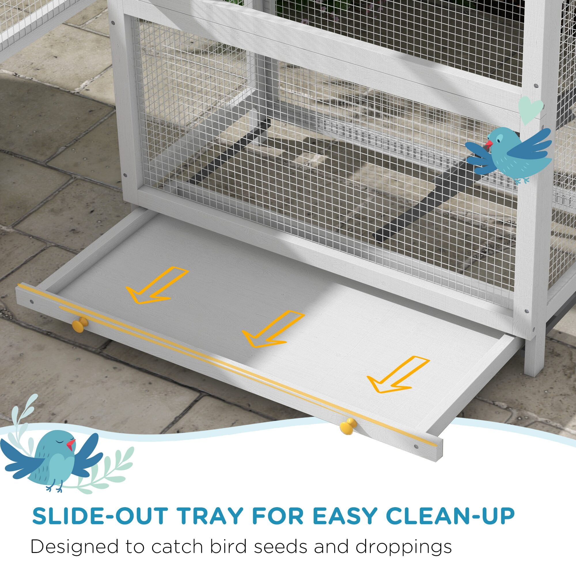 Dog Crate, PawHut Wooden Bird Aviary, 67" Outdoor Bird Cage with Slide-Out Tray, Three Doors, Birdhouse, Ladder, Perches for Finches, Parakeets, Gray, Gray Pet Playpen,Wood Chicken Coop