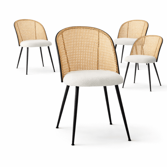 KOSSMAI Set of 4 Dining Side Chair with Fabric Seat and PE Rattan Curved Back, Metal Legs and Adjustable Feet for Living Room, Dining Room, Office, White