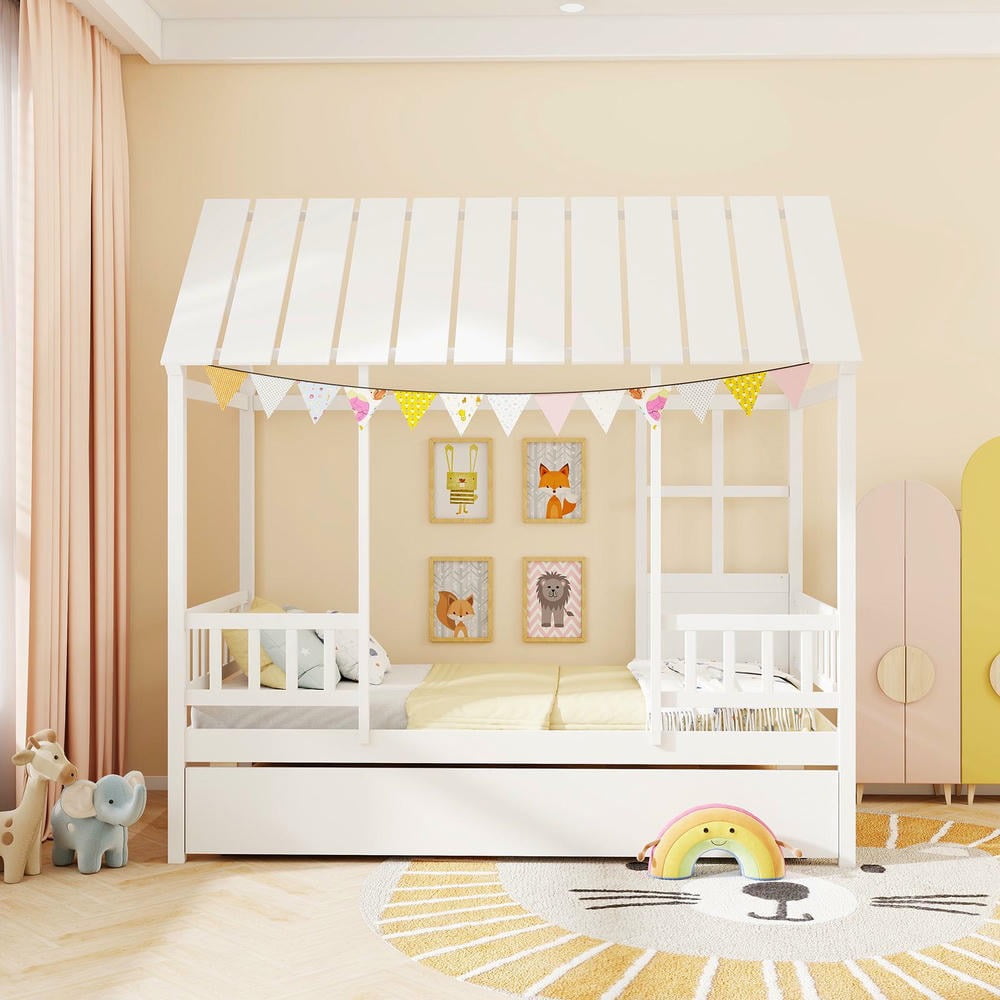 Barara King Twin Size Bedroom Trundle Bed Frame with Roof Window, Bed Platform Frame for Bedroom, Apartment, White