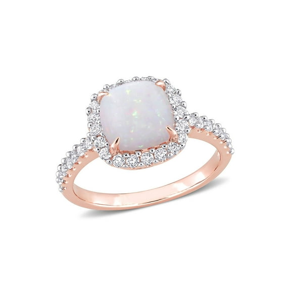 2.37 Carat (Ctw) Opal and White Topaz Halo Ring in 10K Rose Pink Gold for Women