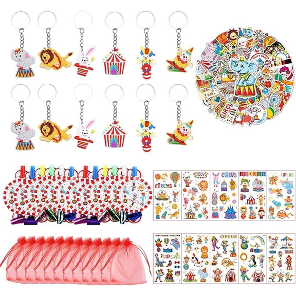 Serencatcher 60Pcs Circus Party Favors, Circus Carnival Birthday Party Decorations with Clown Keychains Temporary Tattoos Stickers Blowing Dragons Organza Bags for Kids Plim Plim Birthday Party