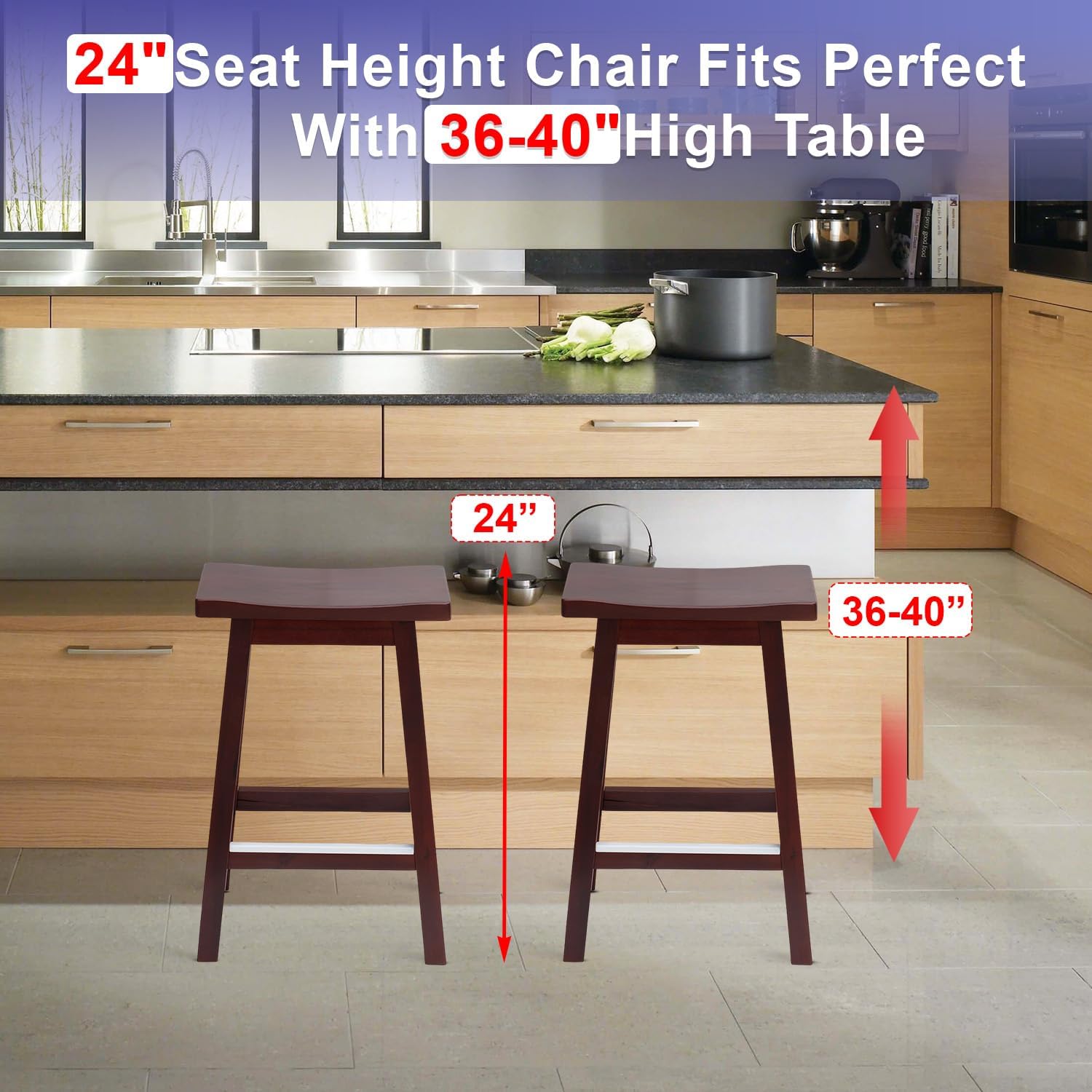 FDW Bar Stools Set of 2 for Kitchen Counter Solid Wooden Saddle Stools 24-Inch Height (Brown, 24 in)