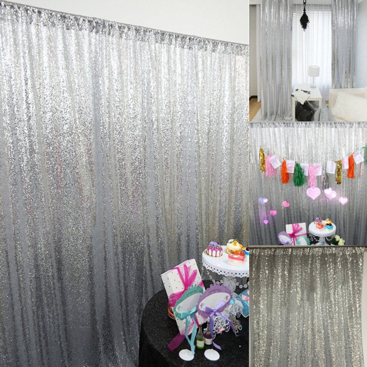2 Pcs 2ftX7ft Silver Sequin Backdrops Photo Booth Backdrop Sparkling