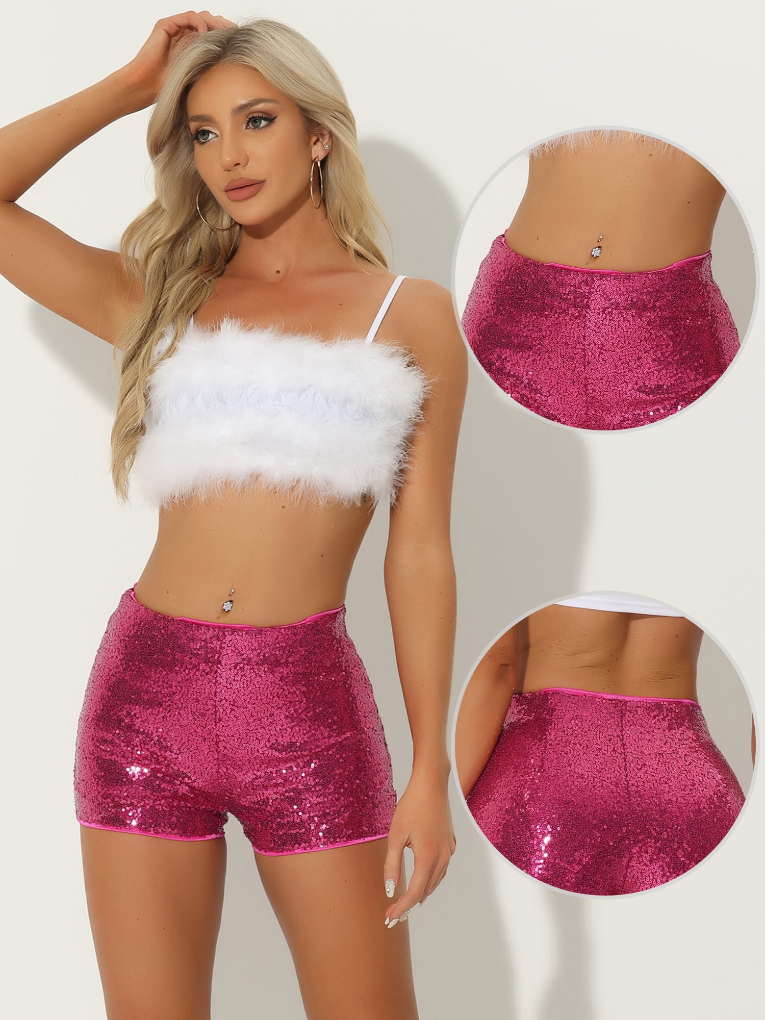DARING DIVA Women's Midrise Solid Sparkle Coctail Sequin Shorts S Hot Pink