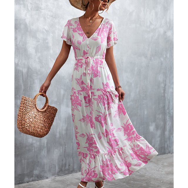 V Neckline Dress, Print Floral Dress Short Sleeve Drawstring High Waist For Summer ANGGREK Blanco XXL
