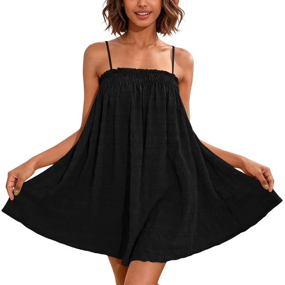 Makaor Sun Dresses Women A Line Mini Dresses Plus Size Sleeveless Spaghetti Strap Dress Solid Square Neck Beach Vacation Clothes Black L