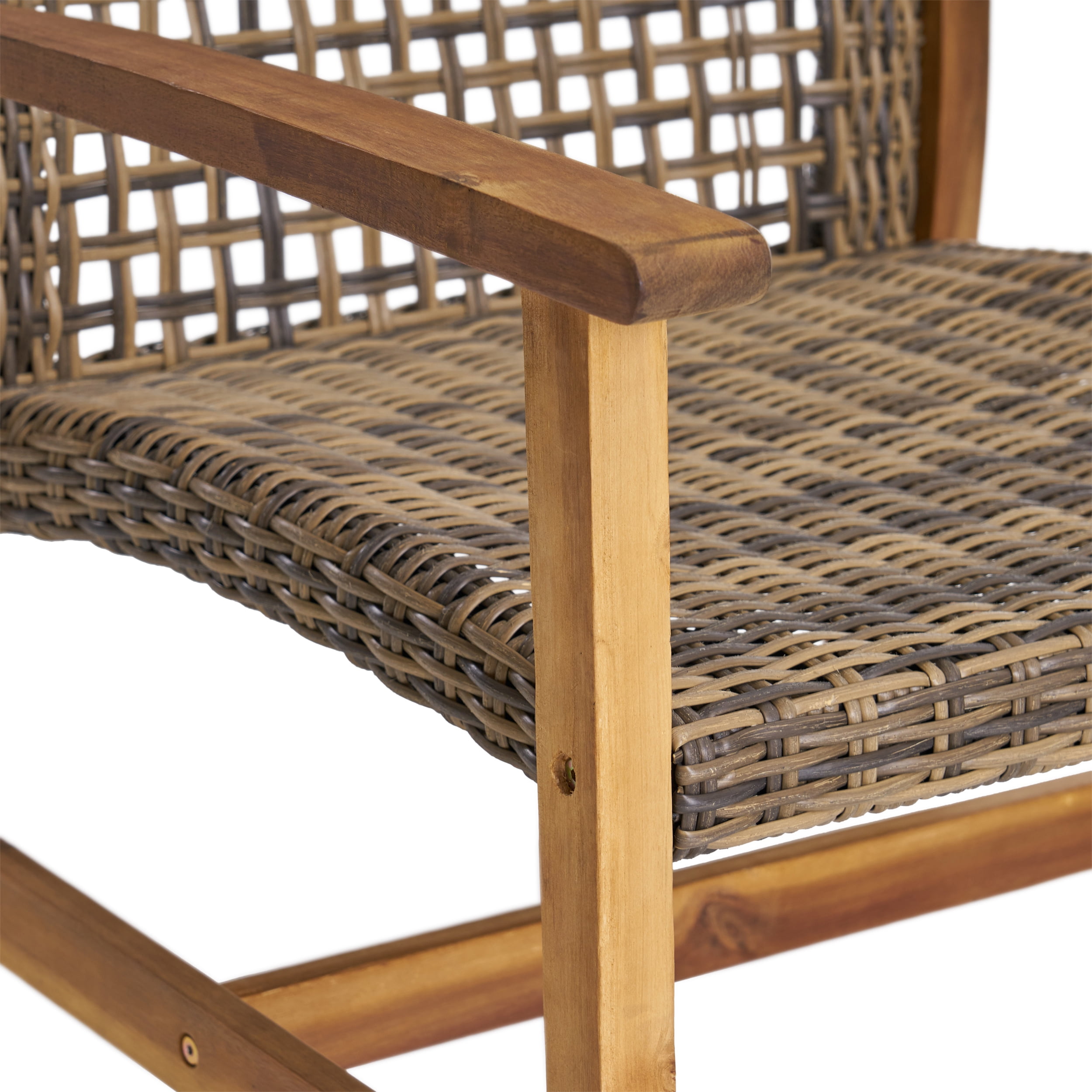 Harleigh Outdoor 5 Piece Wood and Wicker Chat Set with Fire Pit, Gray and Brown