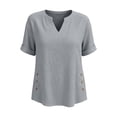 thumbnail image 6 of VBVC Women's Cotton-Linen V-Neck Blouse, Ladies' Rolled Cuff Short Sleeve Side Shirt, Button Detail Summer Tunic Top For Women,Gray,S-2XL, 6 of 7