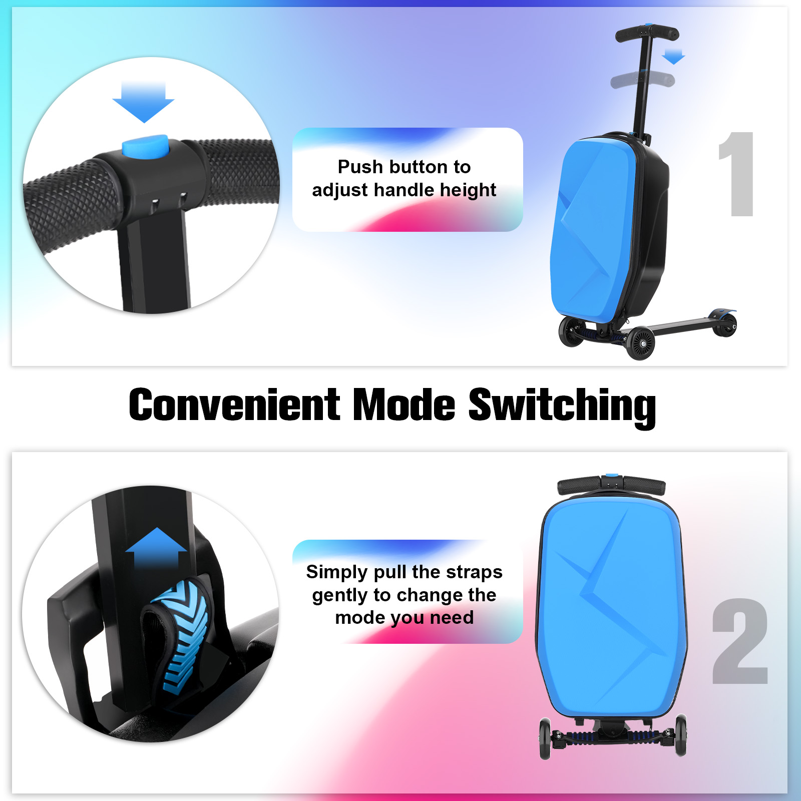 Advwin Scooter Luggage for Kids & Adults, Hardside Ride on Suitcase for Kids Ages 4-15 Multifunctional Lightweight Foldable Carry on Luggage with Wheels Ride on for Children Teenagers, Light Blue