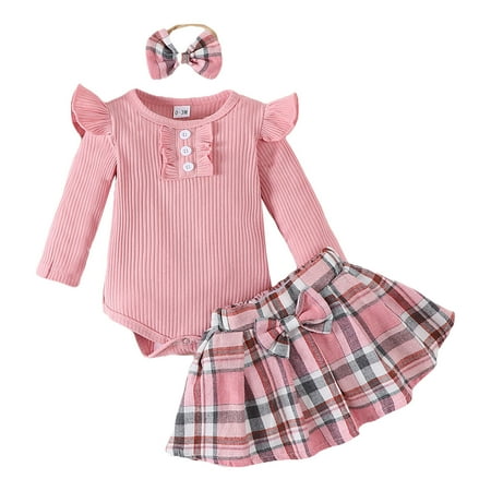 

TENSUNNYD Toddler Girls Ruffles Long Sleeve Solid Ribbed Romper Plaid Print Skirts Headbands Outfits 9M-12M