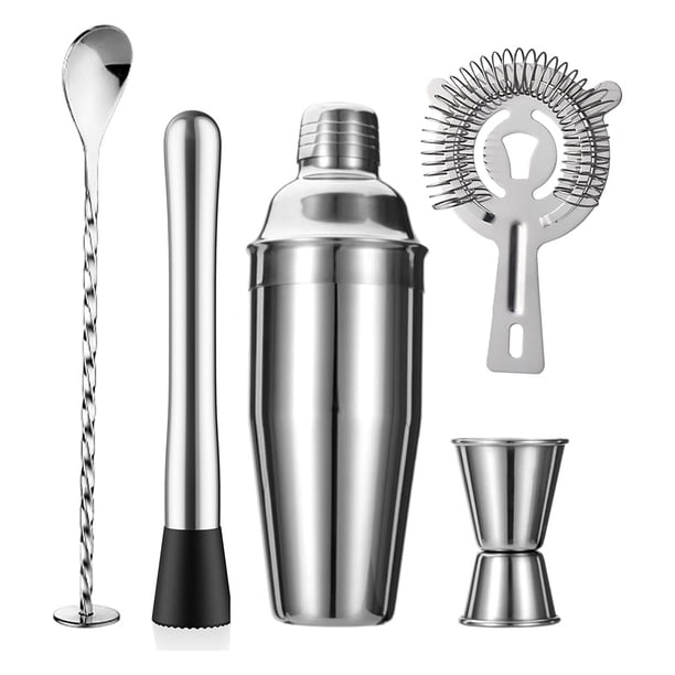 Juego de Coctelera de 5 Piezas, Colador, Jigger, Cuchara Mezcladora en T, Juego de Barman, Juego de Barra de Acero Inoxidable