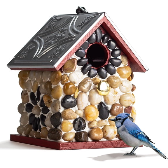 Masterpiece Bluebird Bird House for Outside Clearance, Cedar Bird House Bird Feeder for Outdoor, Stone Villa, Hanging Birdhouse for Outside,Pole Mountable, Longtime Lasting (Red)