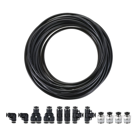 Uxcell 4mm OD PU Air Hose Tubing Kit 10 Meters Black with 12 Pcs Push to Connect Fittings