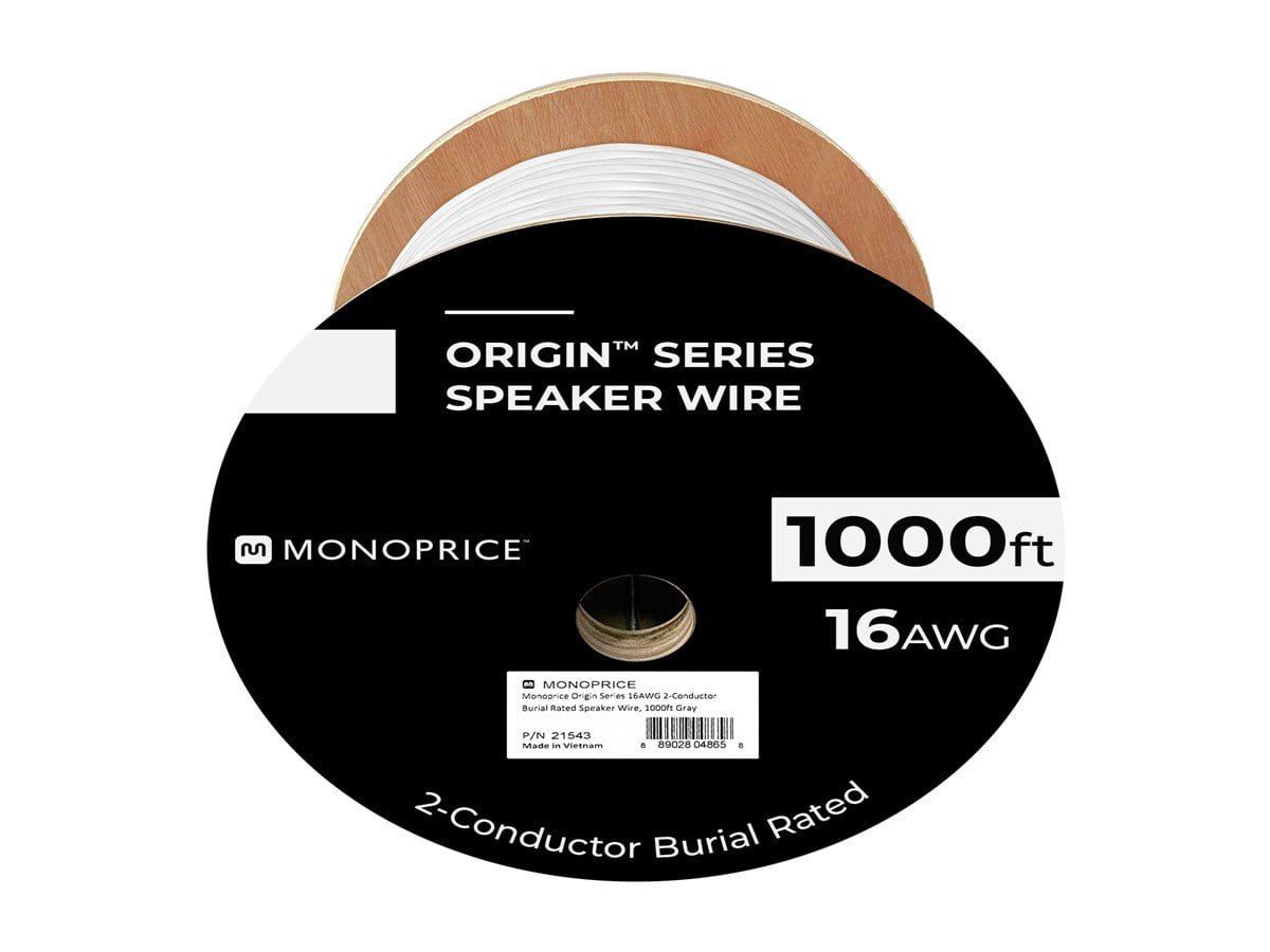 Monoprice Speaker Wire, Burial Rated, 2-Conductor, 16AWG, 1000ft, Gray