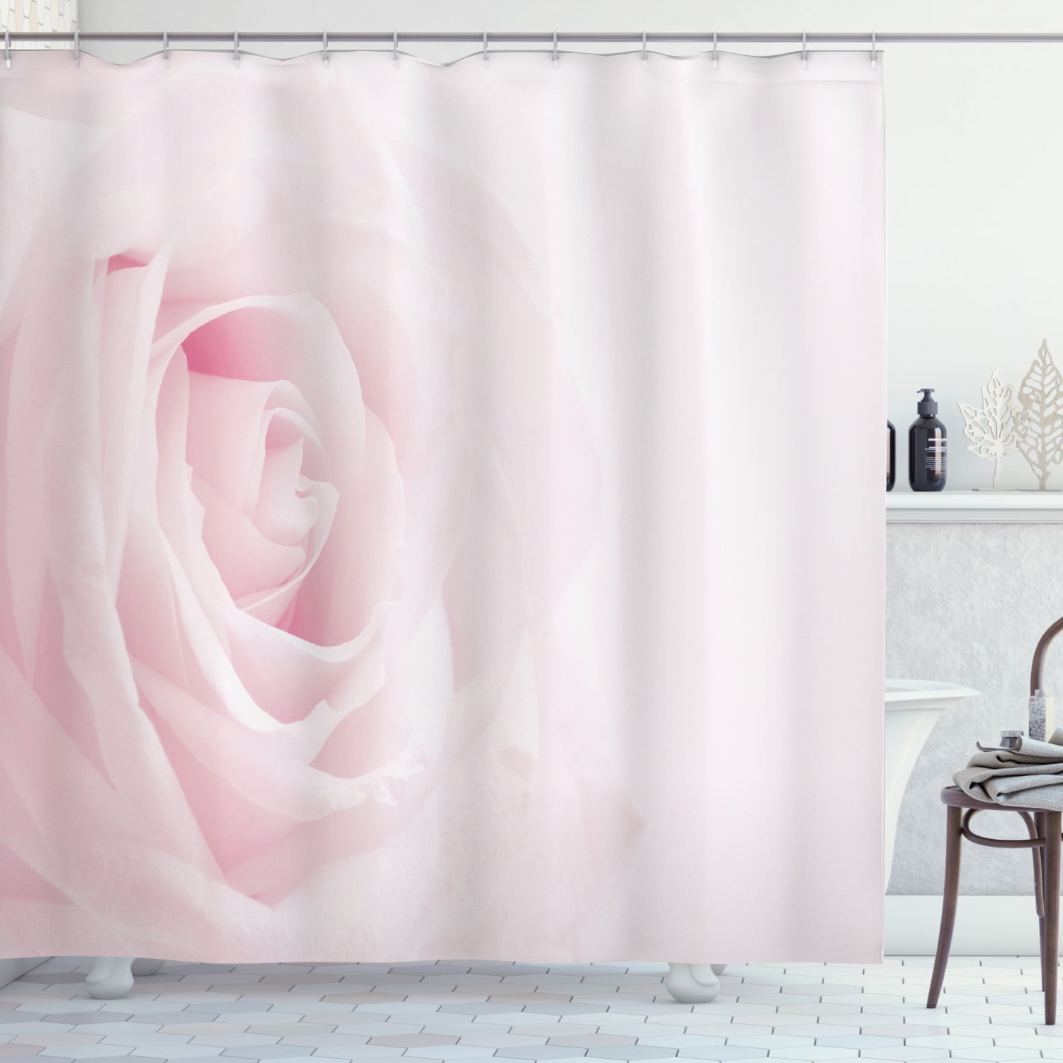 Pink Rose Flower Wall Waterproof Fabric Shower Curtain Hooks Bath Accessory Sets 