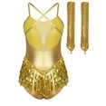 thumbnail image 2 of Xnihocha Women Sleeveless Fringe Latin Dance Leotard with Sequin Long Gloves Cha Cha Salsa Dancewear Gold M, 2 of 5