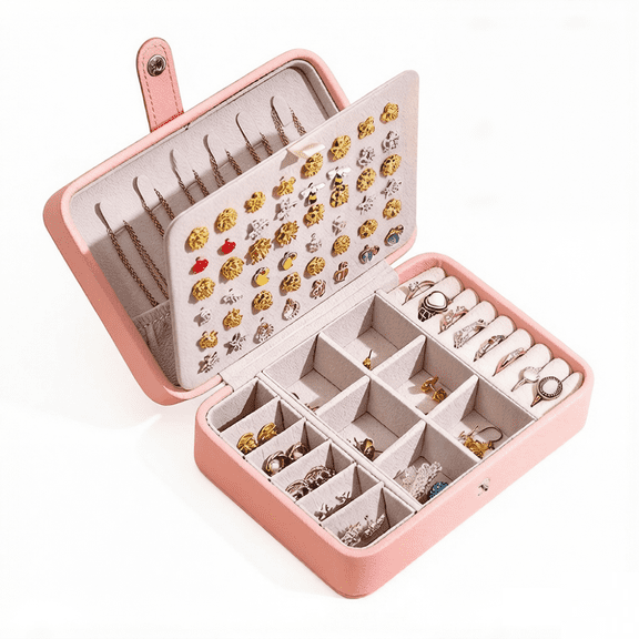 Ladies' portable small jewelry box (pink), girls' double-layer display storage box, can store earrings, rings, necklaces, leather travel jewelry box