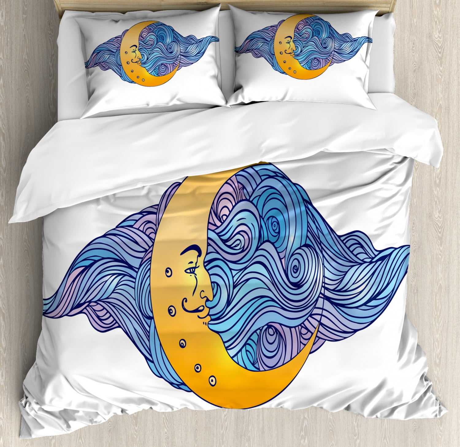 Moon King Size Duvet Cover Set, Abstract Crescent Moon with Swirling