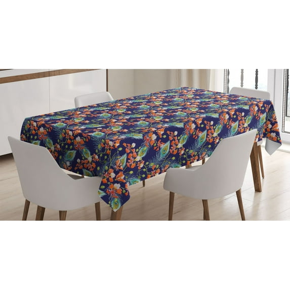 Tropical Tablecloth, Boho Colorful Pastel Blooming Exotic Bouquets Peacock Feathers Wildflowers, Rectangle Satin Table Cover for Dining Room and Kitchen, 52" X 70", Indigo Multicolor, by Ambesonne