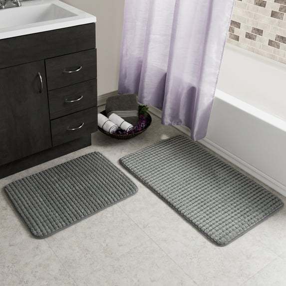Lavish Home 2-Piece Jacquard Fleece Memory Foam Bathroom Rugs Set (Platinum)