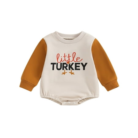 

Infant Baby Girls Boys Romper Long Sleeve Crew Neck Letters Print Contrast Color Fall Bodysuit Thanksgiving Clothes