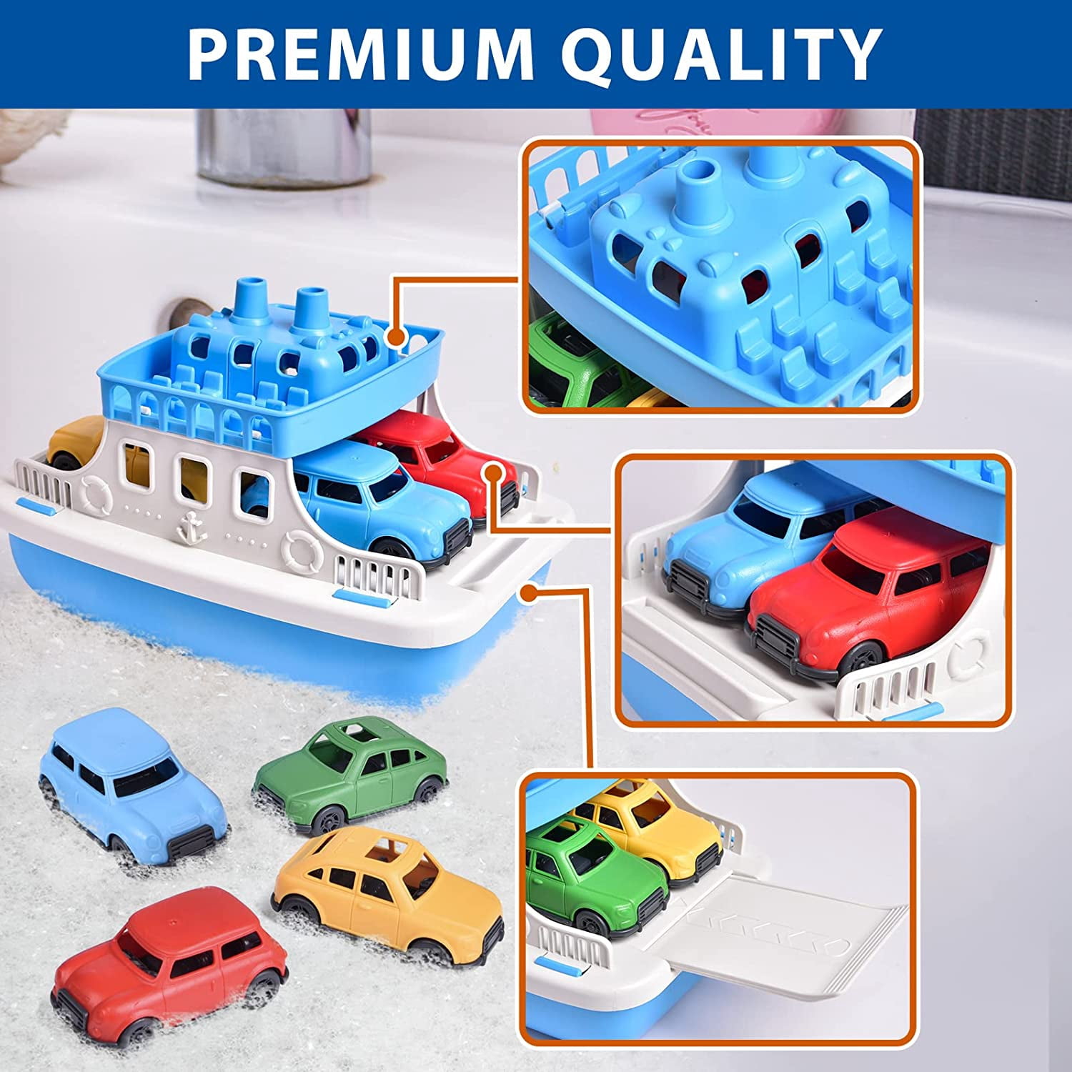 9 Pcs Toy Boat Bath Toys for Toddlers with 4 Mini Car Toys and 4 Bath Boat Squirters,Pool Beach Toys Floating Ferry Boat,Birthday Gift for Boys Girls 1-4