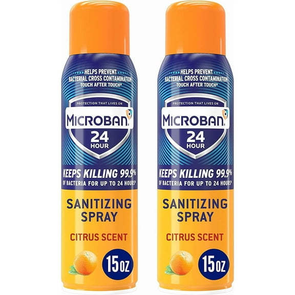 MICROBAN Disinfectant Spray, 24 Hour Sanitizing and Antibacterial Sanitizing Spray, Citrus Scent, 2 Count (15oz Each) (Packaging May Vary)