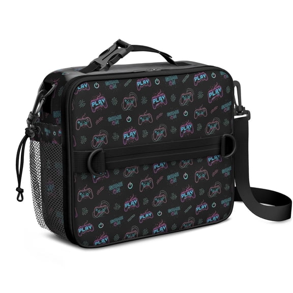 Game Controller Black Pattern Insulated Lunch Bag with Shoulder Strap and Bottle Holder,Bento School Lunch Bag Box,11x9.5x3.5 Inches