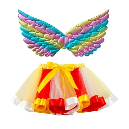 

crtigd Kids Girls Ballet Skirts Party Rainbow Tulle Dance Skirt With Wing Outfits Girls Jean Skirt