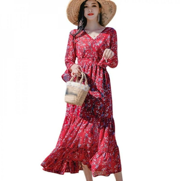 Fantadool Women S Floral V Neck One Piece Dress Spring Autumn Winter Long Sleeve Ladies High Waist Dress Red Walmart Com Walmart Com