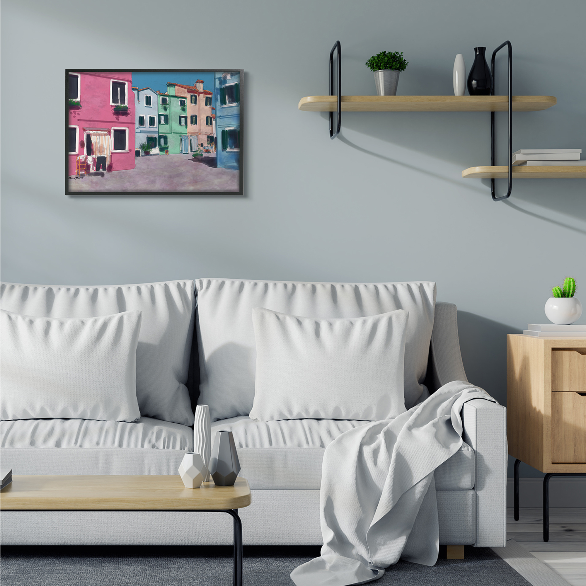 Stupell Industries Colorful Town Landscape Painting Black Framed Art Print Wall Art, 24x30, by Karen Dreyfus