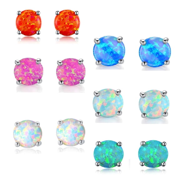 GEMSME Stunning 18K White Gold Plated 6.0mm purple red, light sea blue, green Australian, White, Pacific Blue, Orange Red Opal Stud Earrings set of 6 pairs for women men