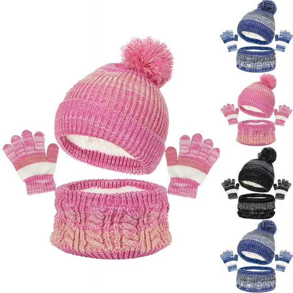 Zwiiyzr Kids Winter Beanie Hat Gloves Scarf 3 Sets Girls Boys Mittens Knit Neck Warmer Warm Fleece Lining 1-6 Years Old Hot Pink