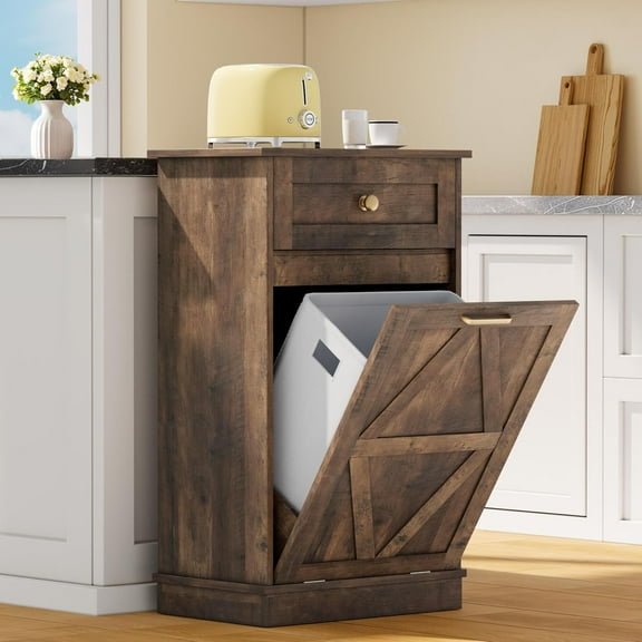 YESHOMY Tilt Out Trash Cabinet,10 Gallon Hidden Wooden Bin Cabinets, Laundry Hamper with Drawers, for Kitchen, Dining Room, Dark Brown