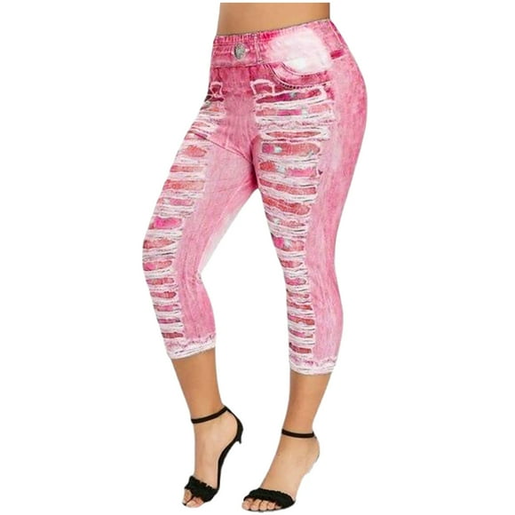 fartey Womens Plus Size Capri Yoga Pants Slim Casual Faux Denim Print 3/4 Trousers Trendy Novelty Elastic High Waisted Leggings Soft Tummy Control Workout Yoga Capris, S-5XL