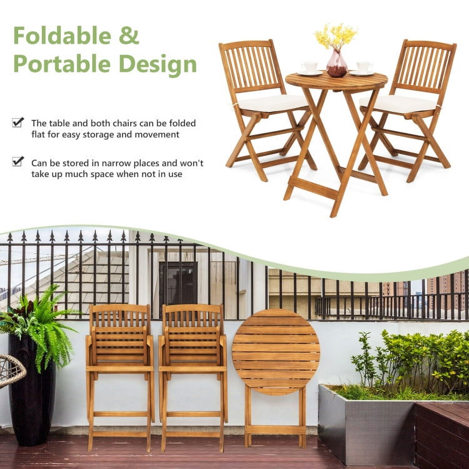 Aimee Lii 3 Pieces Patio Folding Bistro Set with Padded Cushion and Round Coffee Table, White